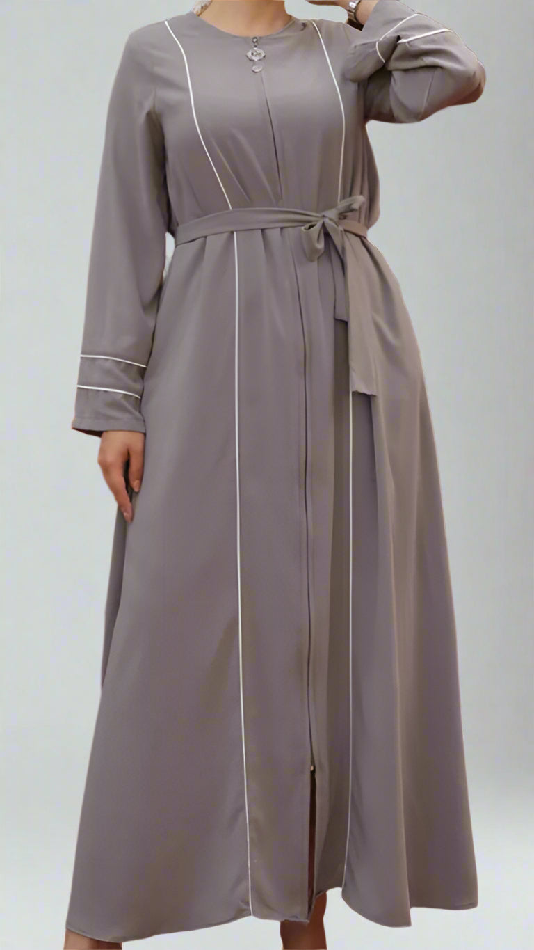 ABAYA WITH DOUBLE BINDING ON SLEEVE AND FRONT-Gray