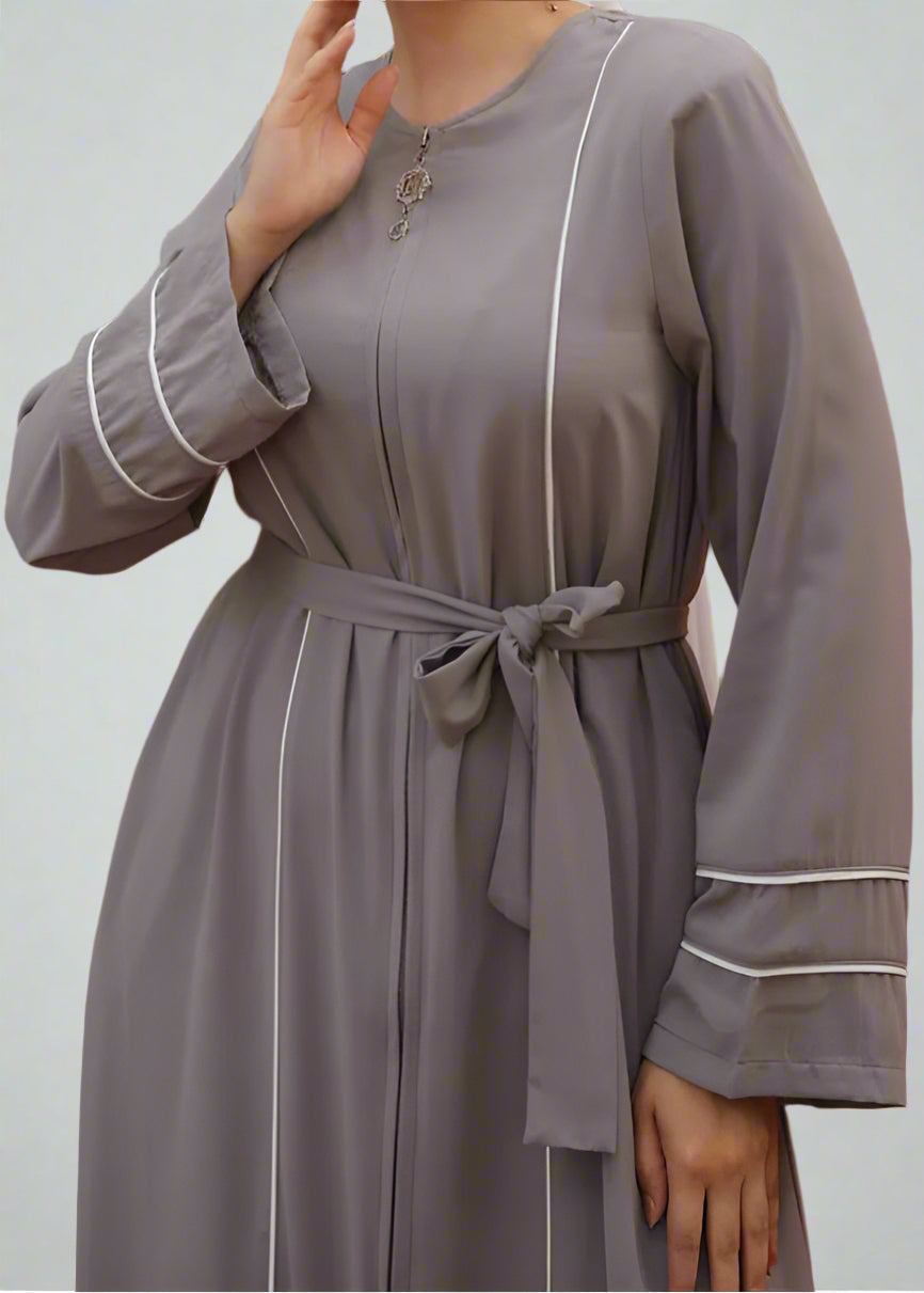 ABAYA WITH DOUBLE BINDING ON SLEEVE AND FRONT-Gray