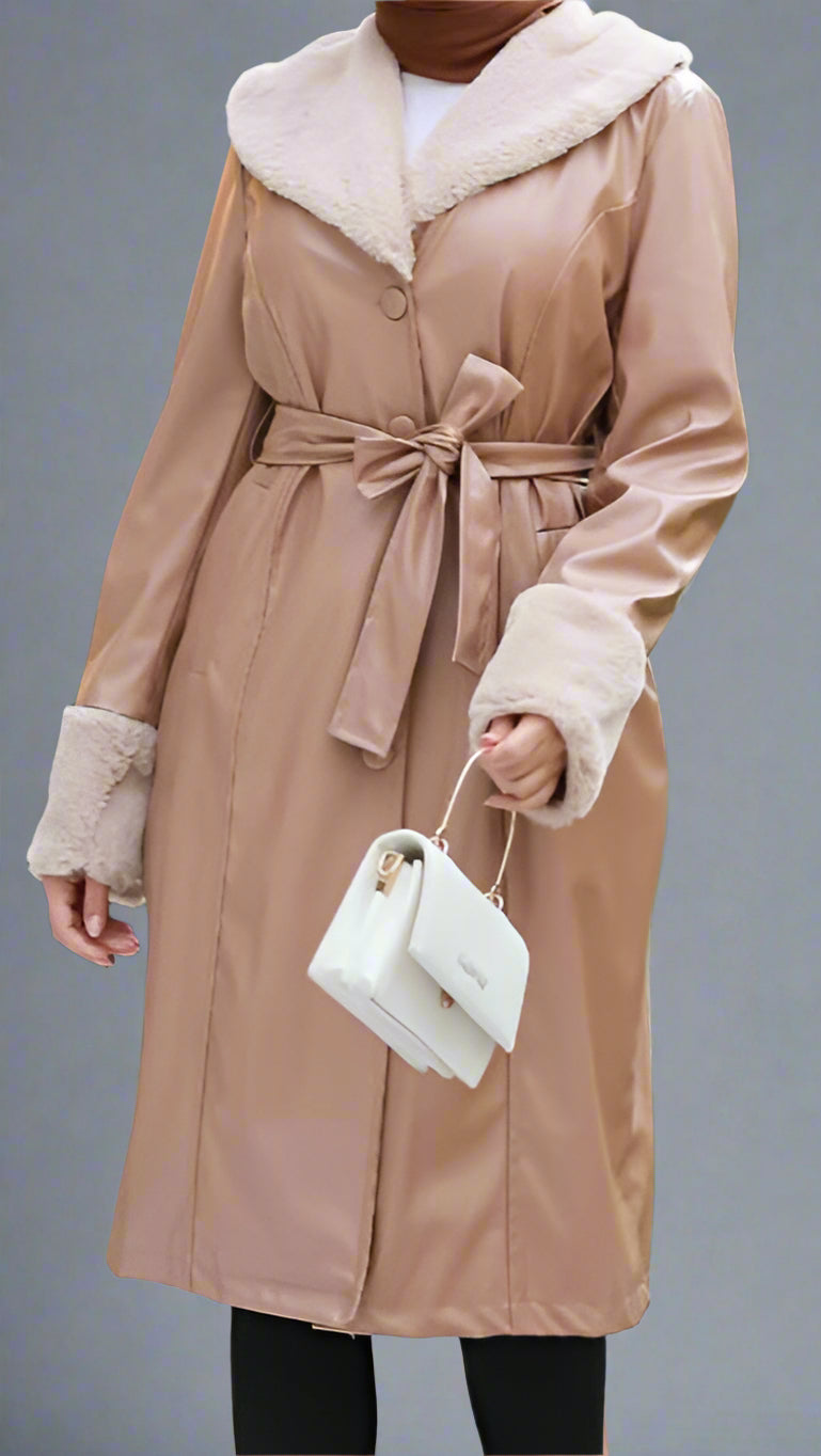 Almanal Faux Leather Coat with Fur Trim- Camel