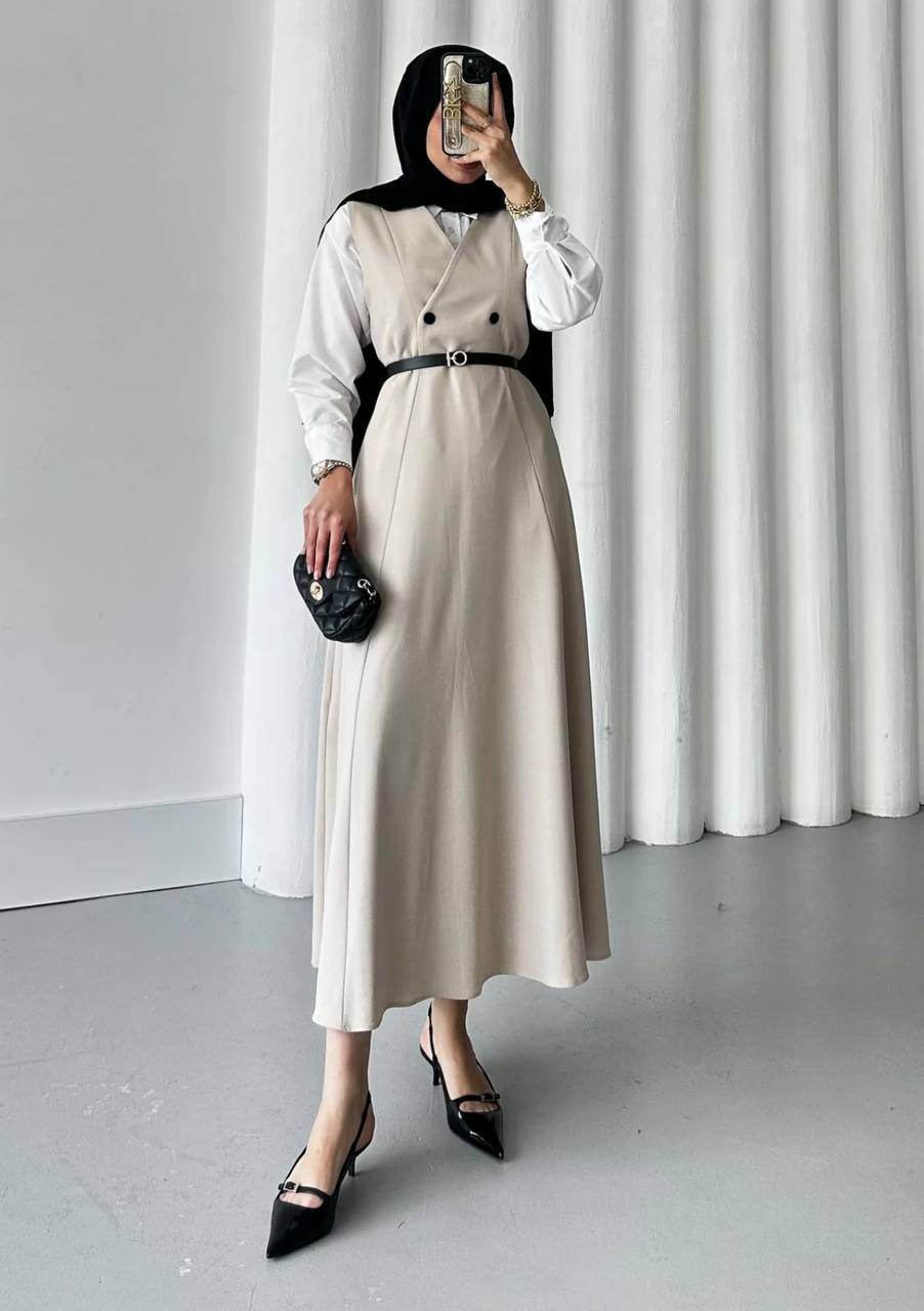 Double Fabric Sleeveless Maxi Dress with Belt