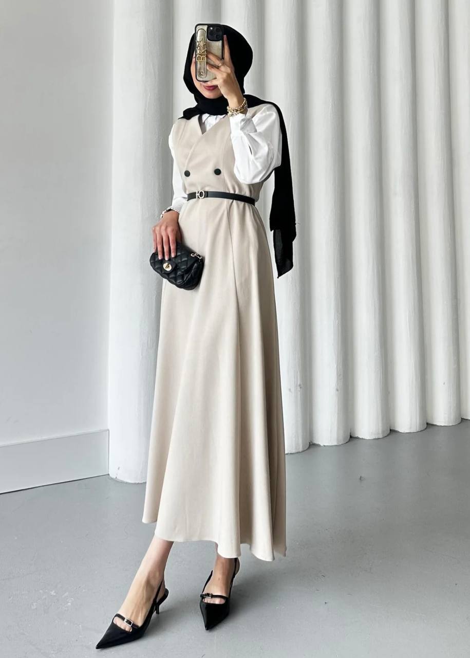 Double Fabric Sleeveless Maxi Dress with Belt