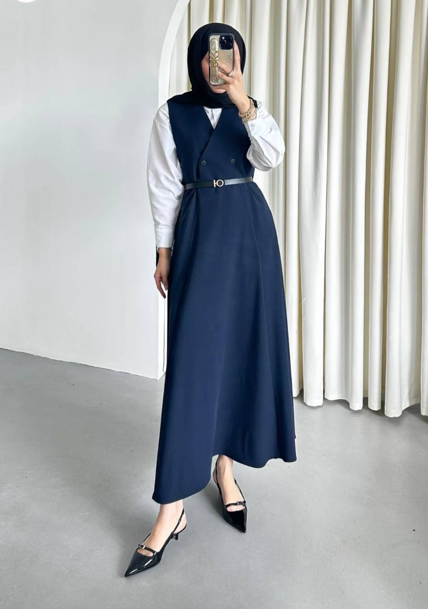 Double Fabric Sleeveless Maxi Dress with Belt