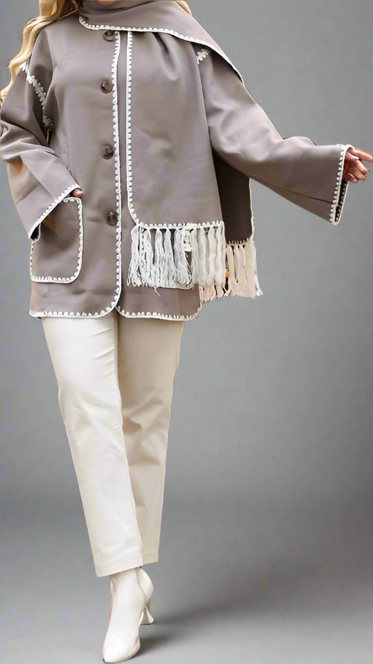 Modest Coat with Embroidered Trim & Scarf-Gray