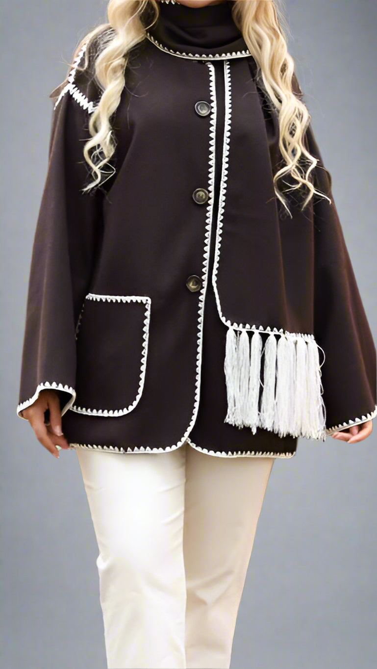 Modest Coat with Embroidered Trim & Scarf-Black