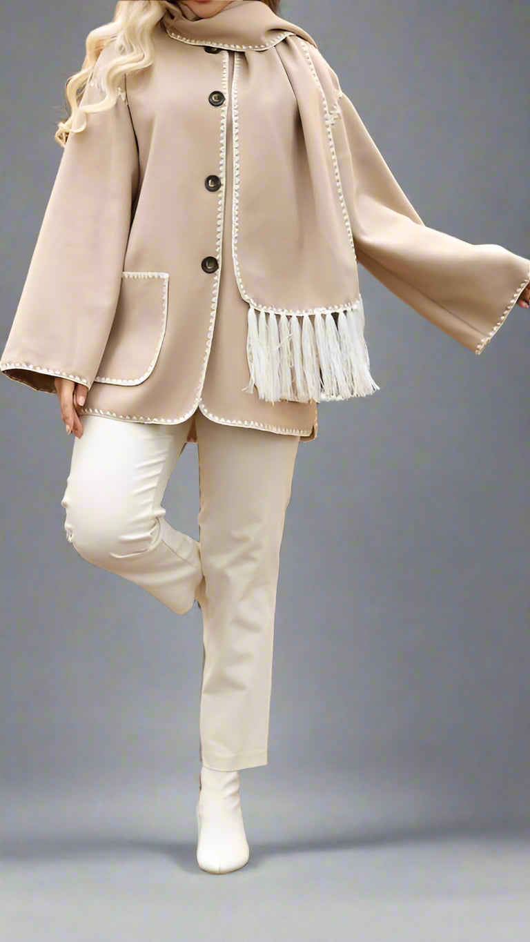 Modest Coat with Embroidered Trim & Scarf-Beige