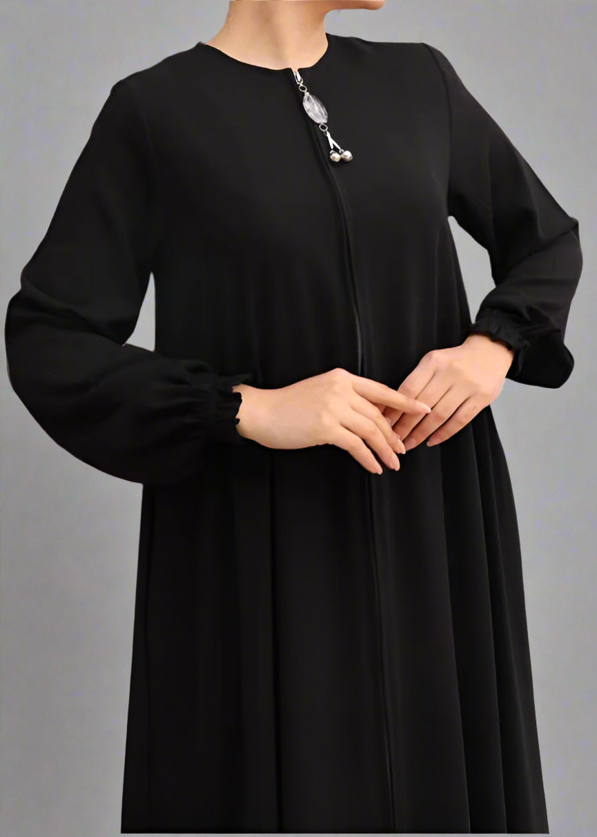 Long Dress/ Abaya with Elegant Zipper Accent Black