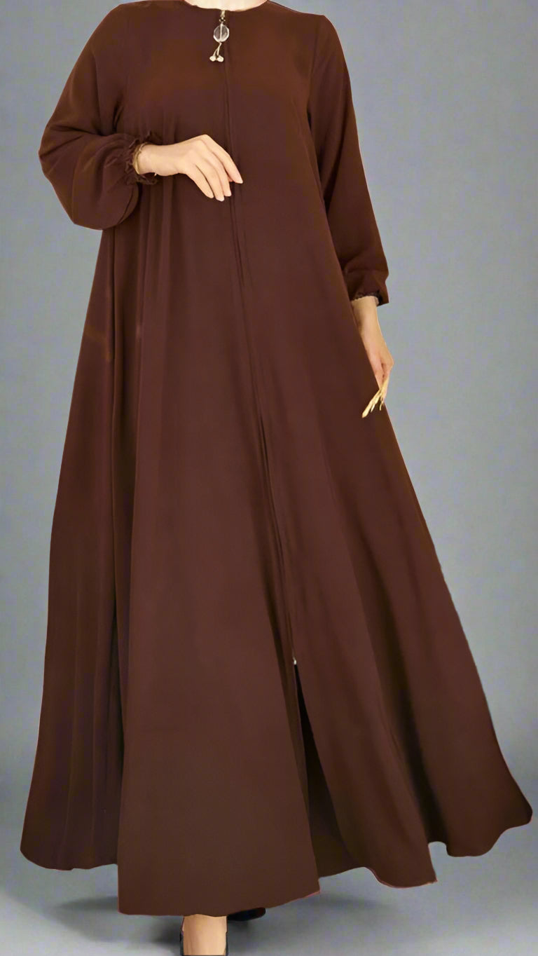 Long Dress/ Abaya with Elegant Zipper Accent- Brown