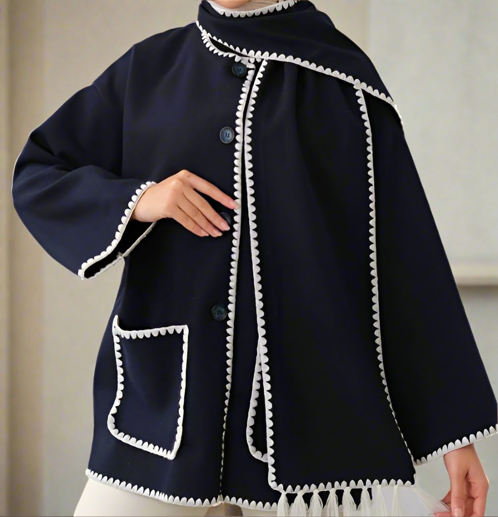 Modest Coat with Embroidered Trim & Scarf-Navy Blue