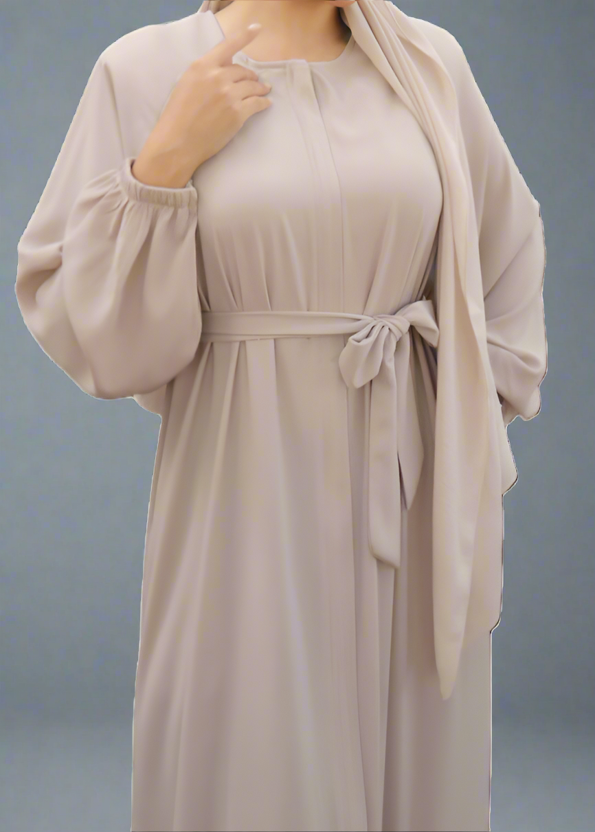 Maxi Dress/Abaya with Tie-Waist and Tiered Hem- Beige