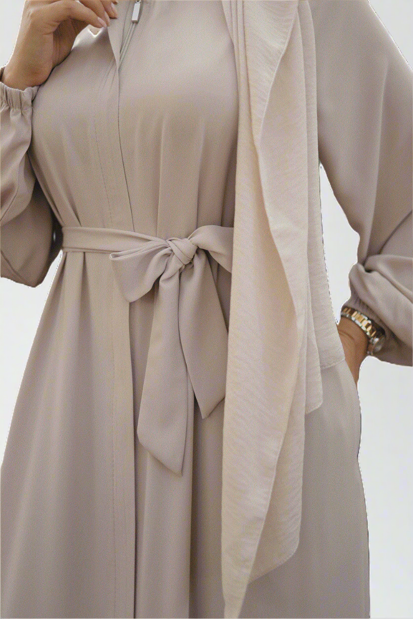 Maxi Dress/Abaya with Tie-Waist and Tiered Hem- Beige