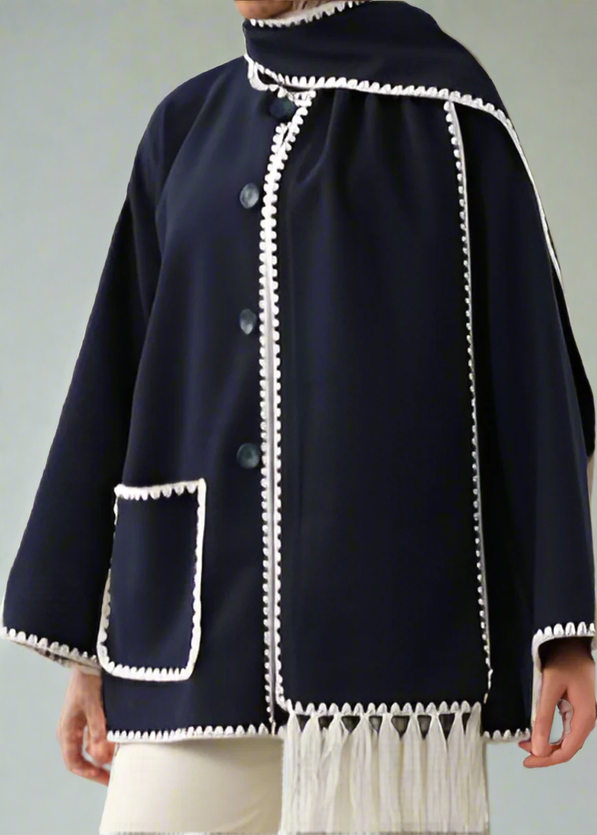 Modest Coat with Embroidered Trim & Scarf-Navy Blue