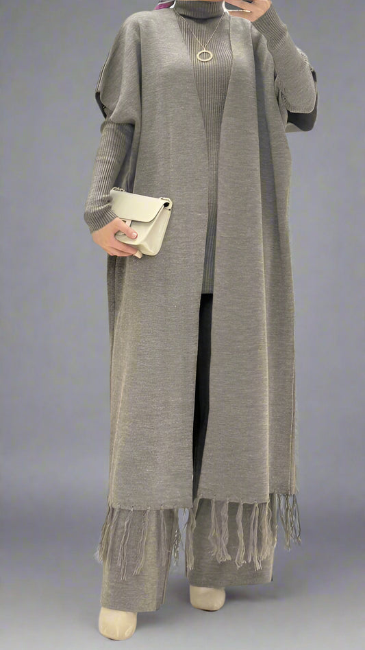 Elegant Three-Piece Fringe Set – Long Vest, Top &amp; Wide-Leg Pants (Dark Gray-Brown color.)