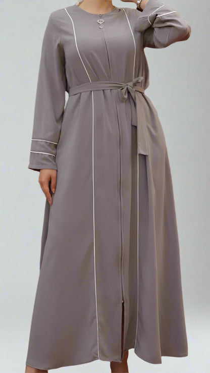 ABAYA WITH DOUBLE BINDING ON SLEEVE AND FRONT-Gray