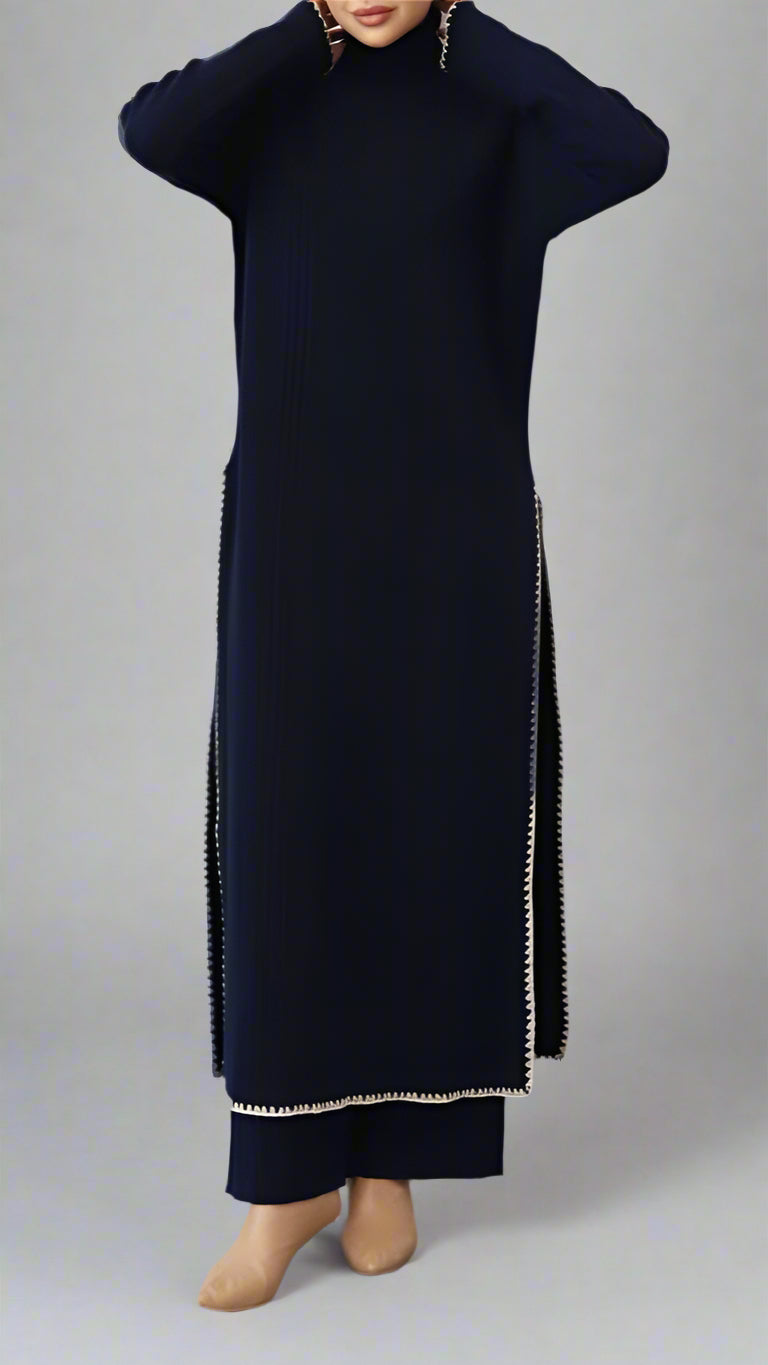 Elegant Knit Two-Piece Set – Longline Tunic &amp; Wide-Leg Pants (Navy Blue)