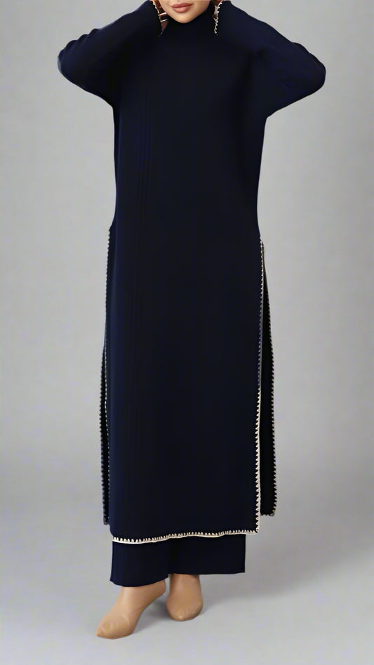 Elegant Knit Two-Piece Set – Longline Tunic &amp; Wide-Leg Pants (Navy Blue)