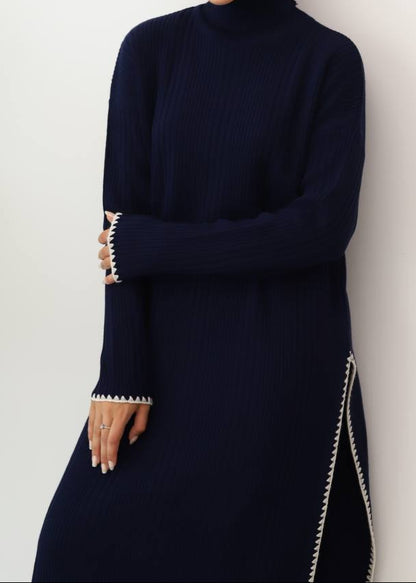 Elegant Knit Two-Piece Set – Longline Tunic &amp; Wide-Leg Pants (Navy Blue)