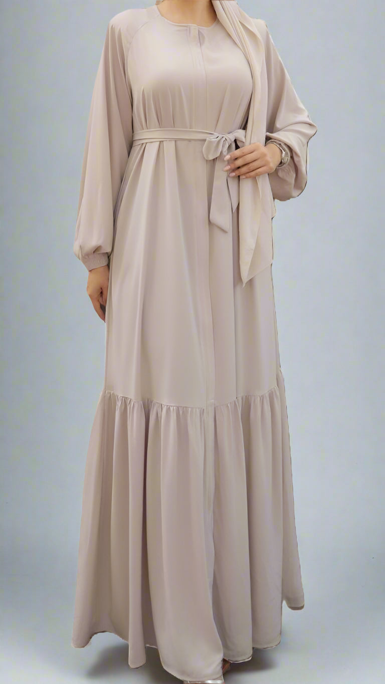 Maxi Dress/Abaya with Tie-Waist and Tiered Hem- Beige