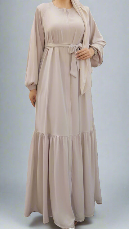Maxi Dress/Abaya with Tie-Waist and Tiered Hem- Beige