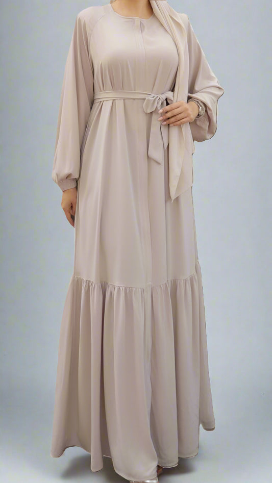 Maxi Dress/Abaya with Tie-Waist and Tiered Hem- Beige