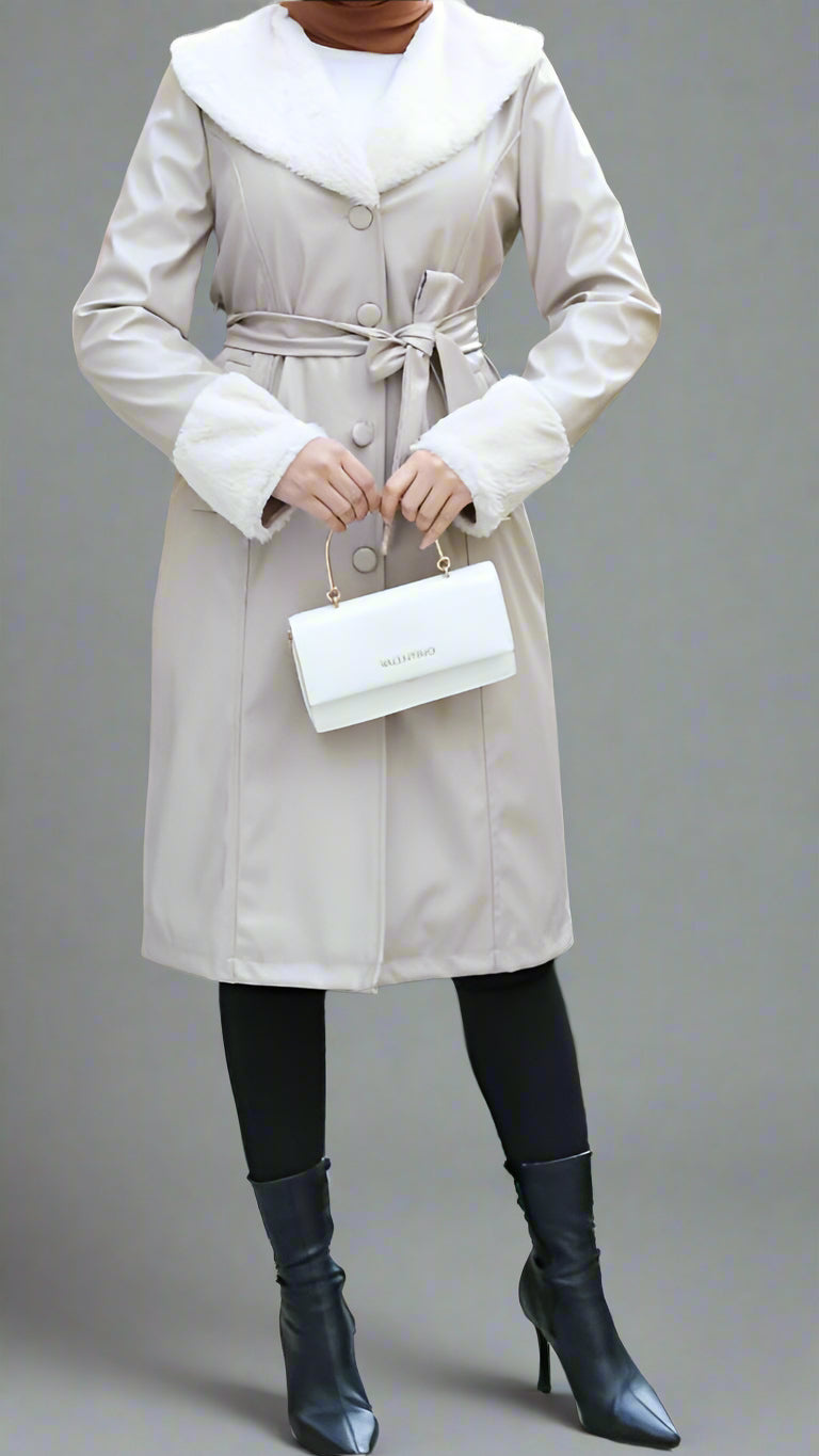 Almanal Faux Leather Coat with Fur Trim- Cream