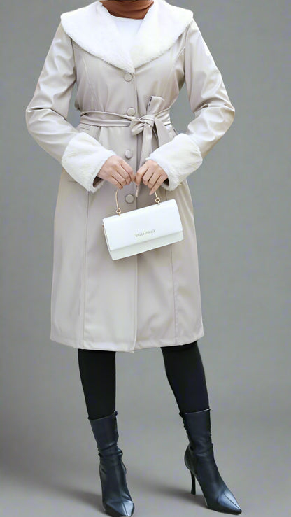 Almanal Faux Leather Coat with Fur Trim- Cream