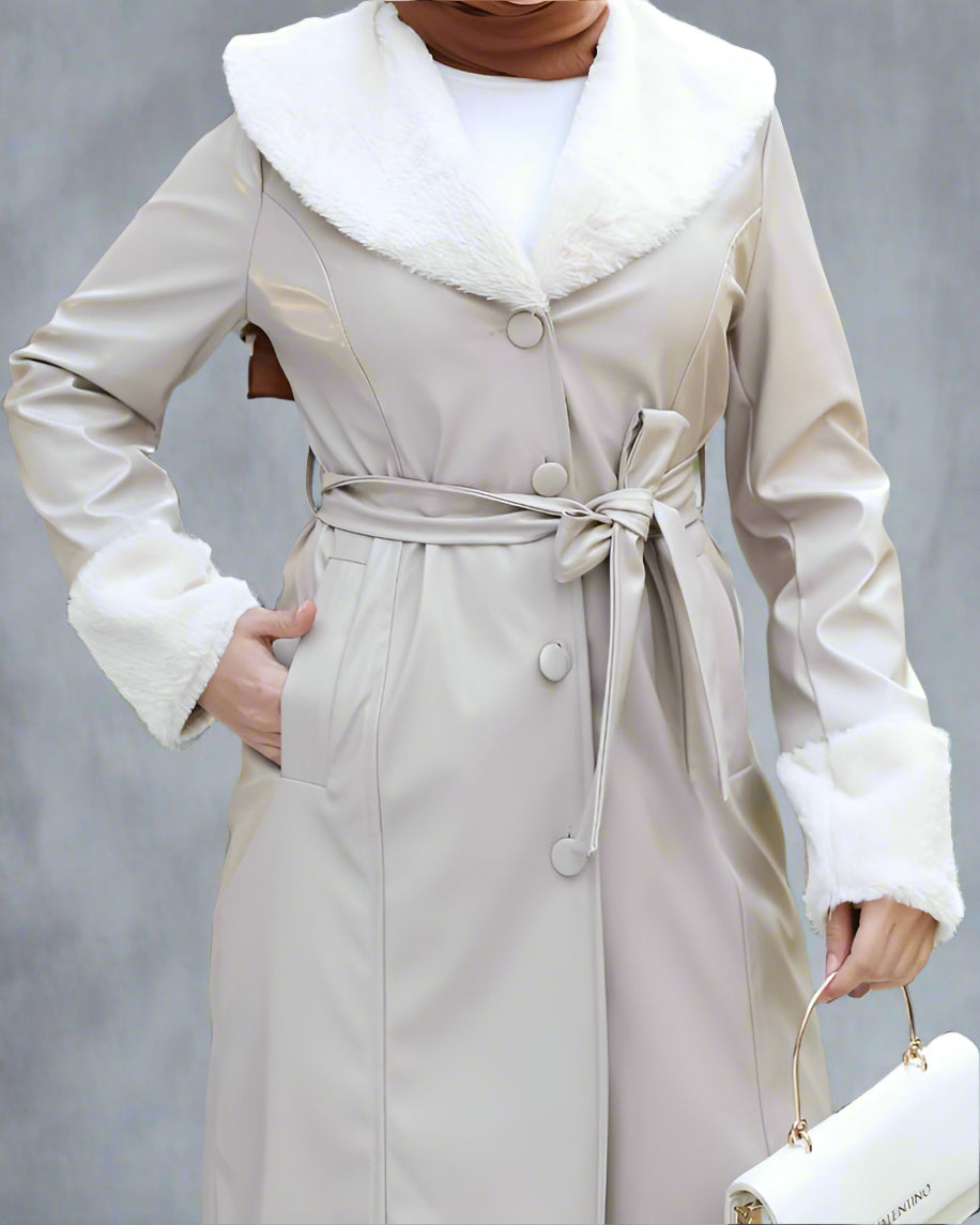Almanal Faux Leather Coat with Fur Trim- Cream