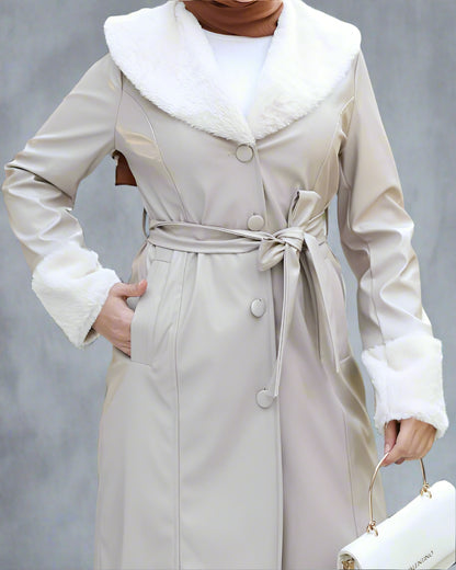 Almanal Faux Leather Coat with Fur Trim- Cream