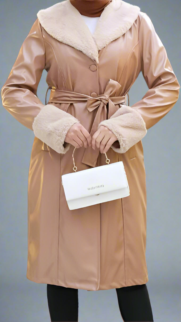 Almanal Faux Leather Coat with Fur Trim- Camel