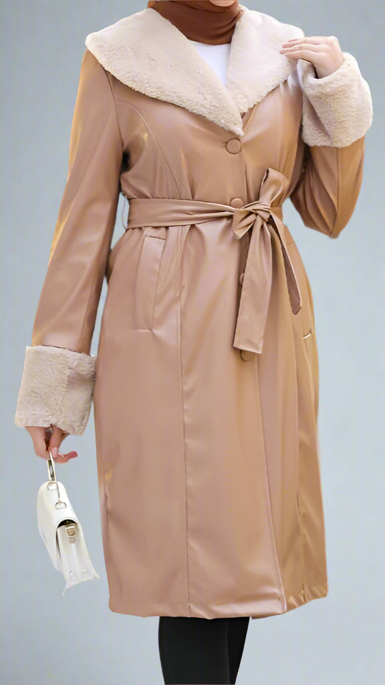 Almanal Faux Leather Coat with Fur Trim- Camel