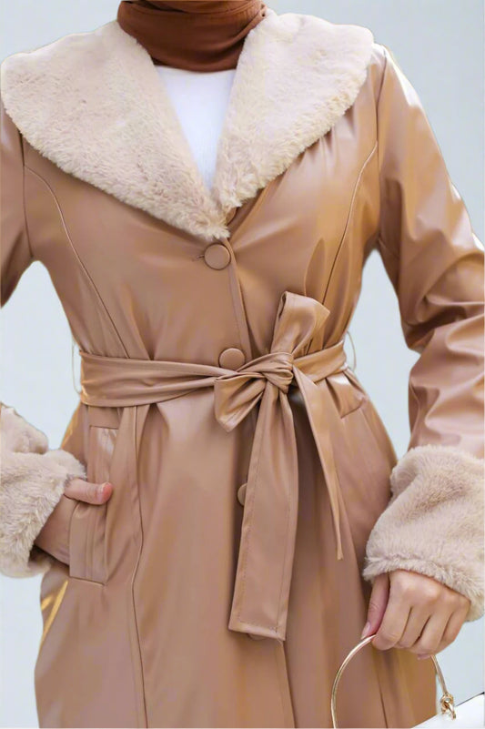 Almanal Faux Leather Coat with Fur Trim- Camel