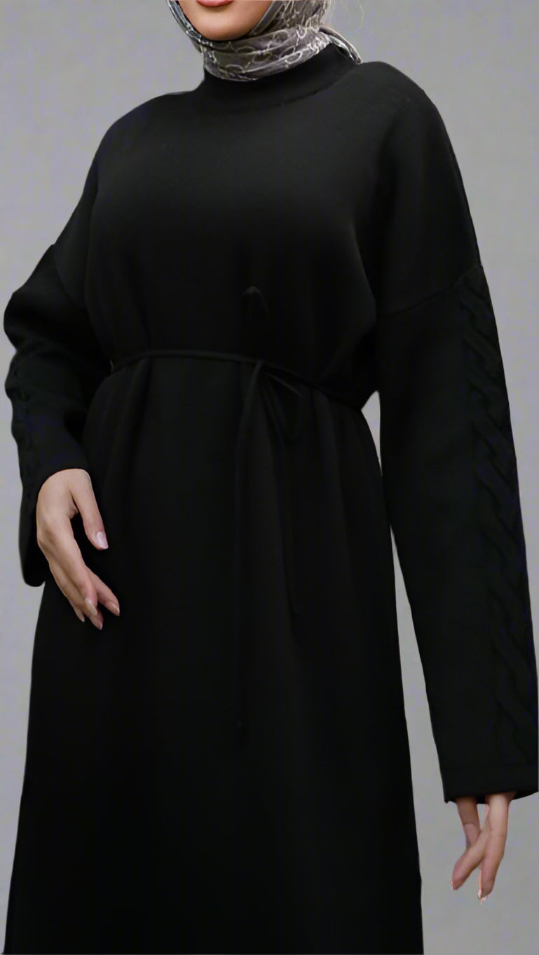 Knit Dress with Braided Sleeve Detail-Black