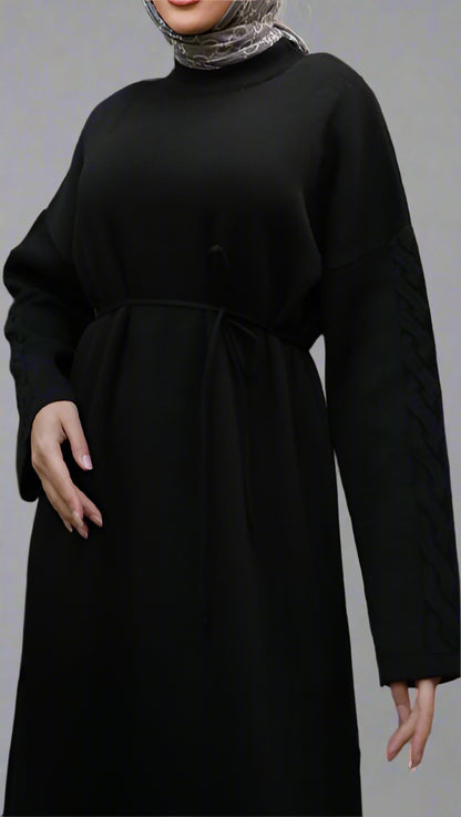 Knit Dress with Braided Sleeve Detail-Black
