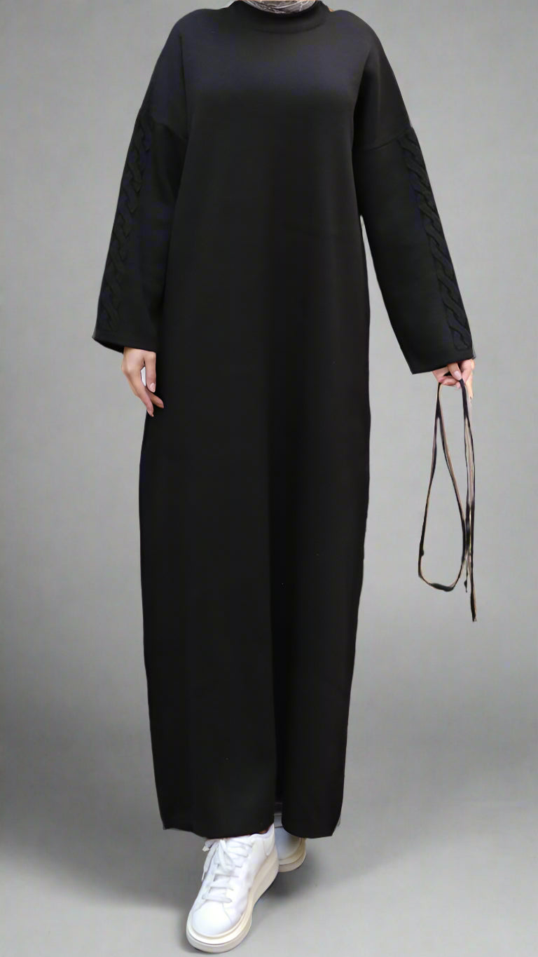 Knit Dress with Braided Sleeve Detail-Black
