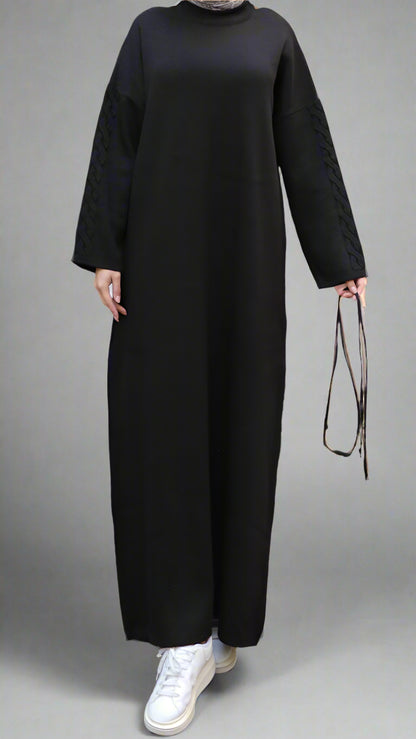 Knit Dress with Braided Sleeve Detail-Black