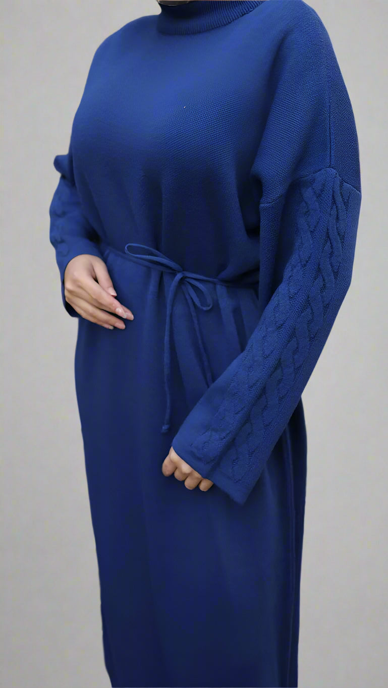 Knit Dress with Braided Sleeve Detail-Blue