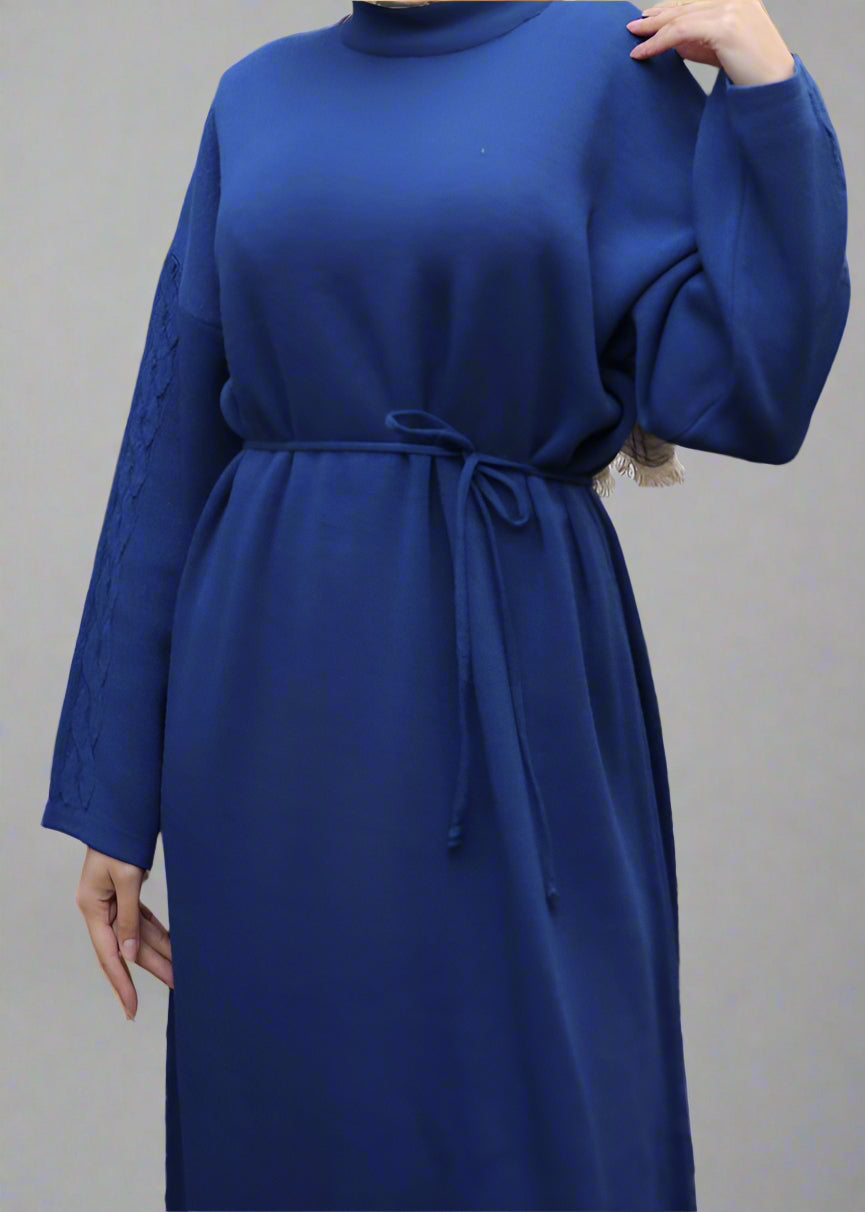 Knit Dress with Braided Sleeve Detail-Blue