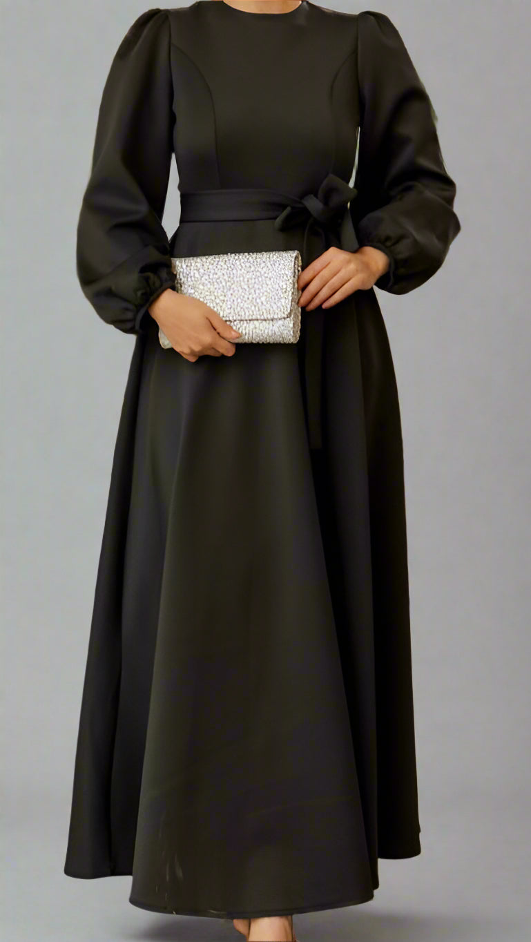Almanal Dark Gray Maxi Dress with Belt-Black