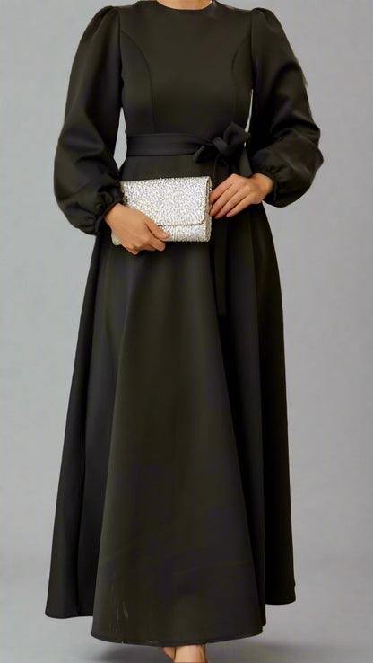 Almanal Dark Gray Maxi Dress with Belt-Black