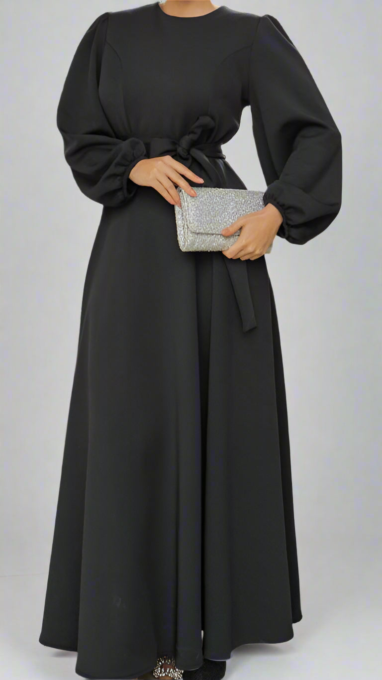Almanal Black Maxi Dress with Belt- Gray