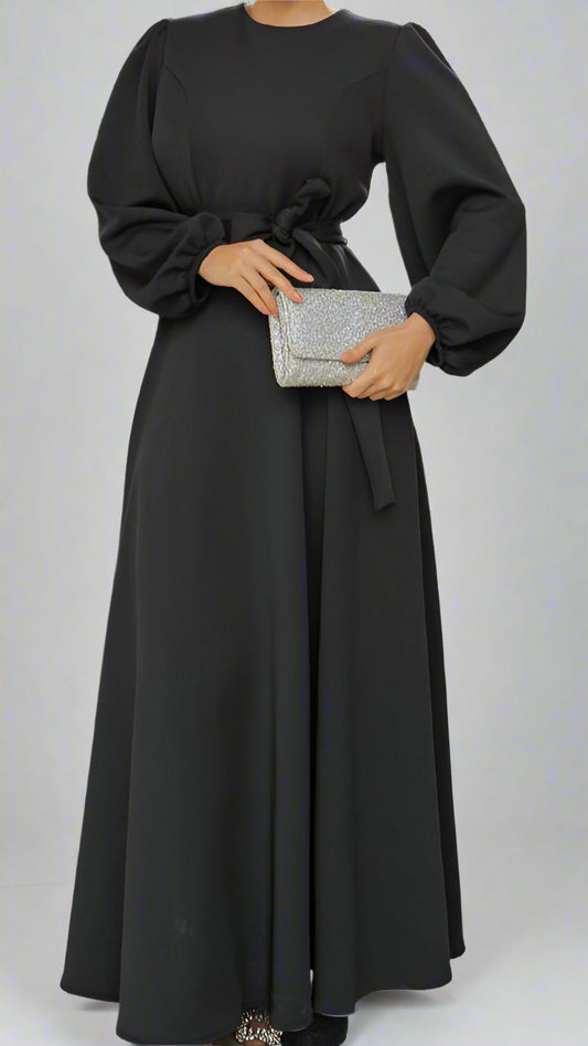 Almanal Black Maxi Dress with Belt- Gray