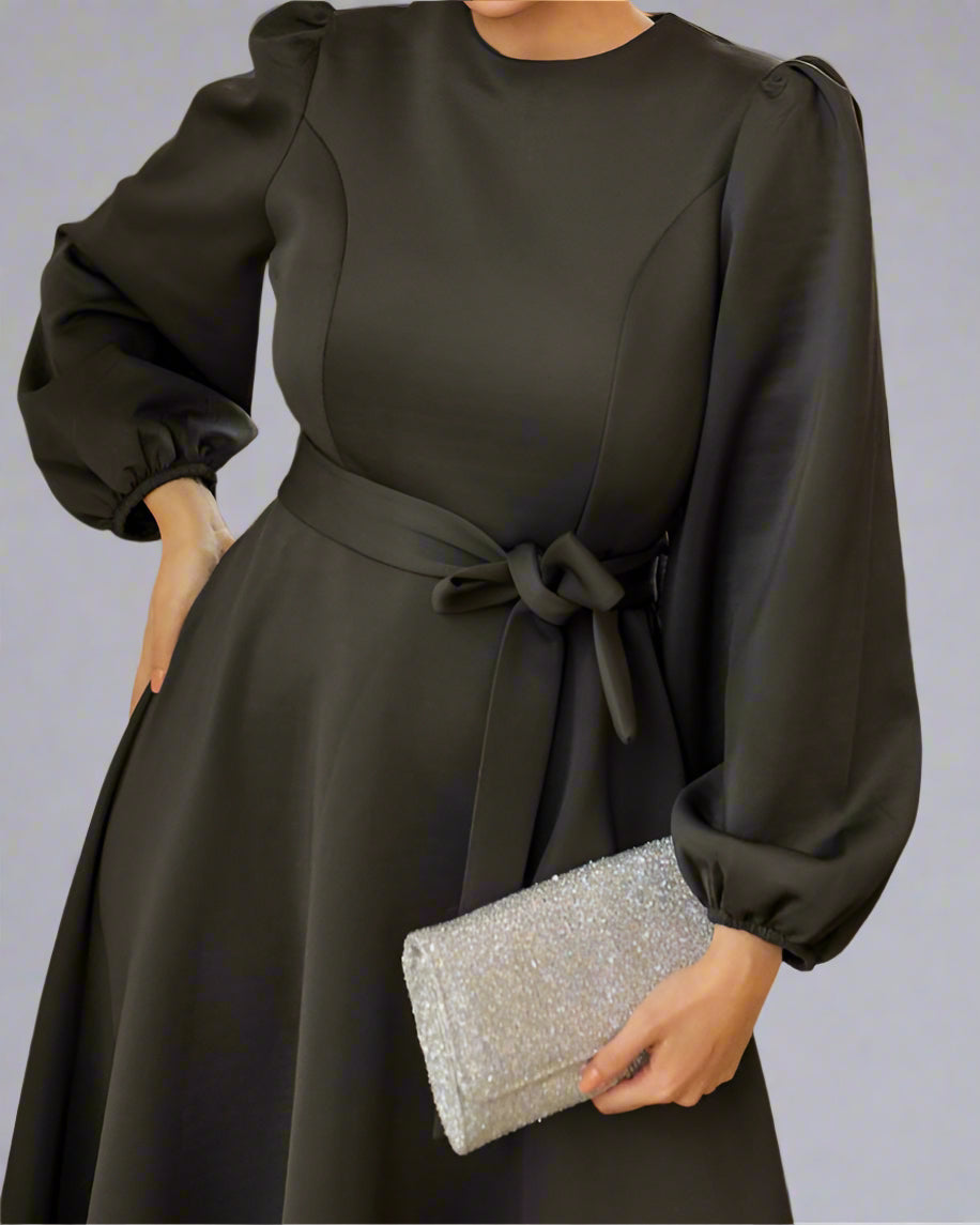 Almanal Dark Gray Maxi Dress with Belt-Black