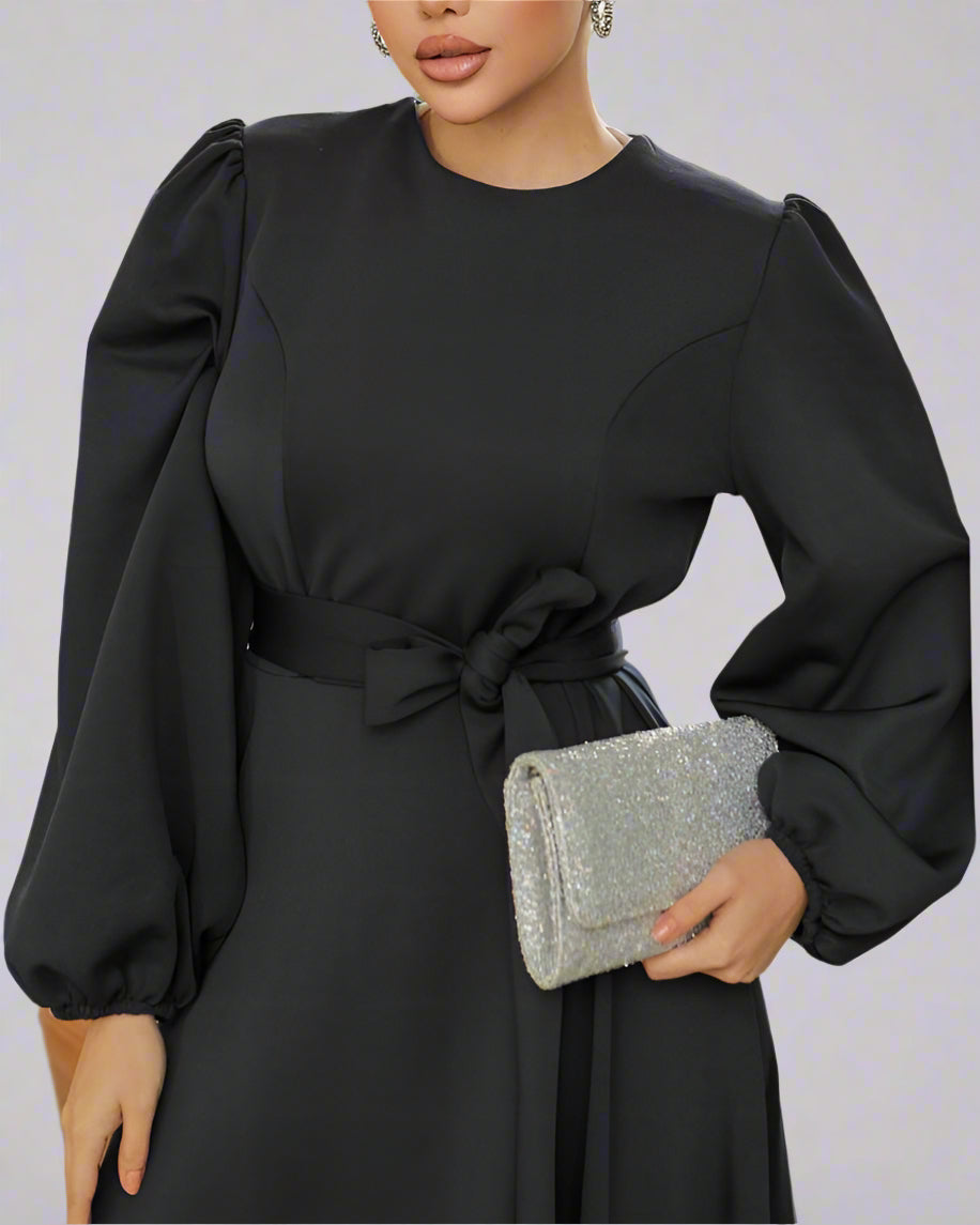 Almanal Black Maxi Dress with Belt- Gray