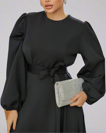 Almanal Black Maxi Dress with Belt- Gray
