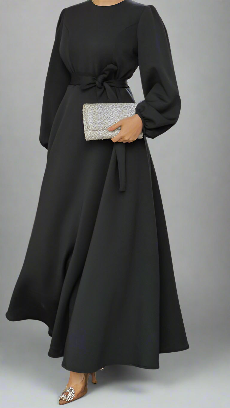 Almanal Black Maxi Dress with Belt- Gray