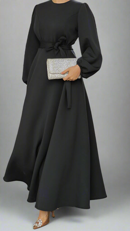 Almanal Black Maxi Dress with Belt- Gray