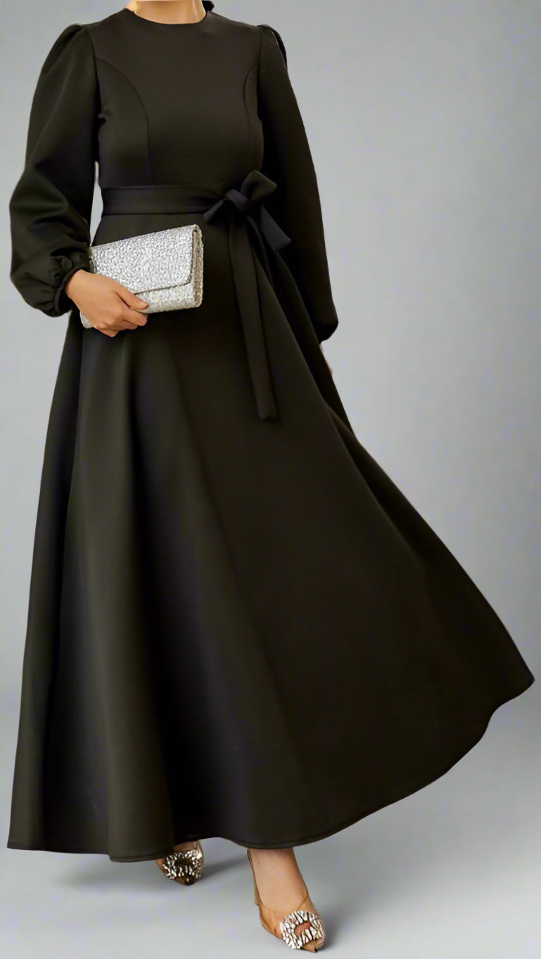 Almanal Dark Gray Maxi Dress with Belt-Black