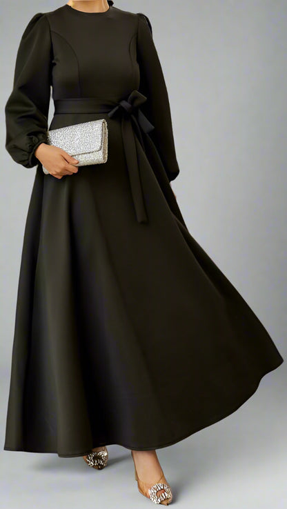 Almanal Dark Gray Maxi Dress with Belt-Black