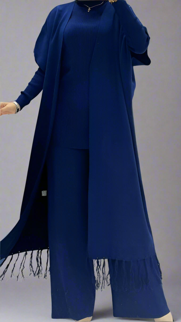 Elegant Three-Piece Fringe Set – Long Vest, Top &amp; Wide-Leg Pants (Navy Blue)