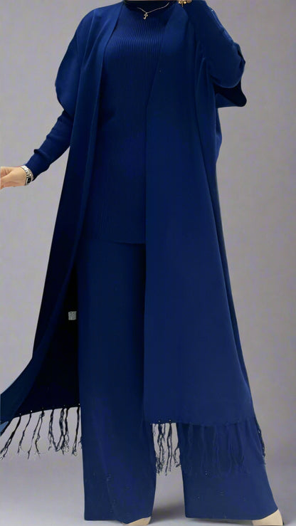 Elegant Three-Piece Fringe Set – Long Vest, Top &amp; Wide-Leg Pants (Navy Blue)