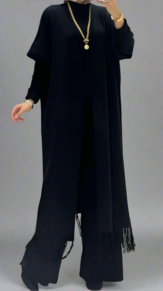 Elegant Three-Piece Fringe Set – Long Vest, Top &amp; Wide-Leg Pants (Black)